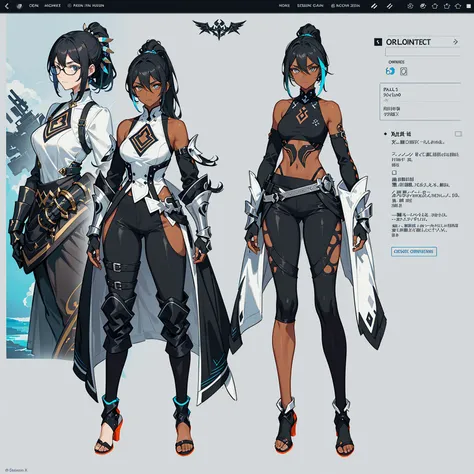 (((concept Art))), (((One character))), Female, (((Dark Skin)))), Black Hair with Ponytail, Light Blue Eyes, Round Glasses with a Slightly Dark Lens with this Lens being Orange, and the Light Blue Color frame, ((Black Metallic Gauntlets and Greaves with si...