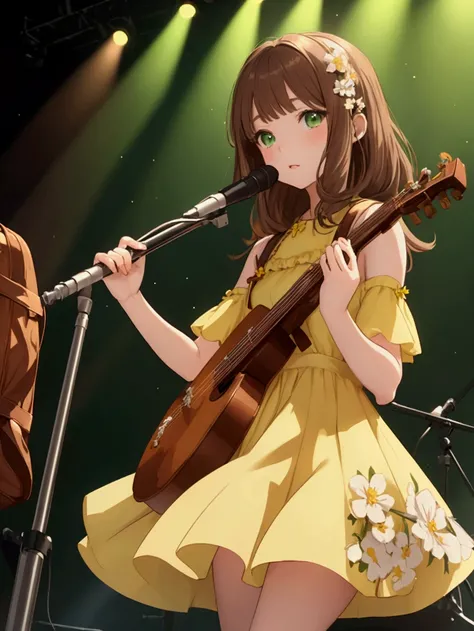 (((masterpiece))) 1 girl, anime girl, woman, green eyes, pale yellow dress, dress with flowers, brown hair, shoulder length hair, bangs, brown shoes, small leather backpack, flute, (on stage)