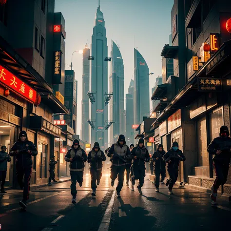 5 chinese gang members wearing a ski mask with guns , in Dubai sidewalks, ((running)), crowded traffic , establishing shots, (cinematic angle), , cinematic lighting, sunset, high resolution ,(incredibly absurdres) ,extremely detailed CG unity 8k wallpaper,...