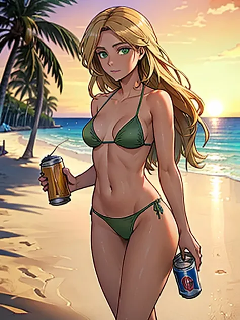 (best quality:1.3), (4K quality),masterpiece, best quality, high res, detailed, (Detailed face:1.2), (Detailed eyes:1.2), gorgeous bombshell of a 36-years-old woman, tan olive skin, long blonde hair, green eyes, approximately 52" tall, medium sized breasts...