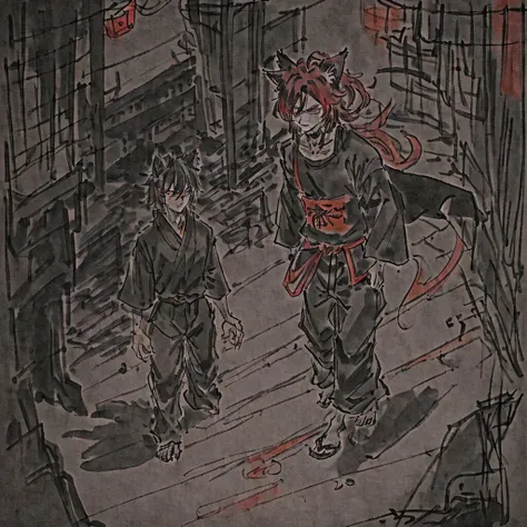 Young man with dark red hair, have wolf ears and claws, wear black loosed shirt and black baggy pants, hes walking around the dark streets of Japan in middle of the night. {Good anatomy, Interesting pose, beautiful colors, good quality, anime style}