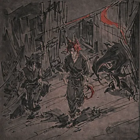 Young man with dark red hair, have wolf ears and claws, wear black loosed shirt and black baggy pants, hes walking around the dark streets of Japan in middle of the night. {Good anatomy, Interesting pose, beautiful colors, good quality, anime style}