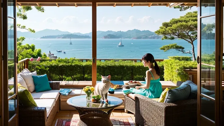 coastal、Woman spending time with cat on terrace、A pleasant breeze blows、chairs and tables、Daytime、House with sea view、