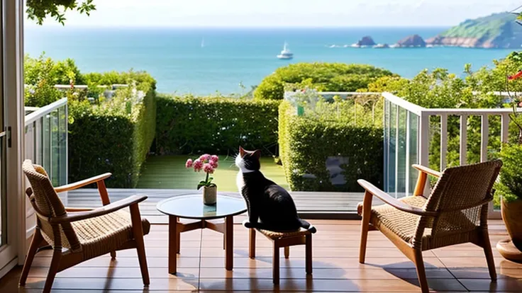 coastal、Woman spending time with cat on terrace、A pleasant breeze blows、chairs and tables、Daytime、House with sea view、