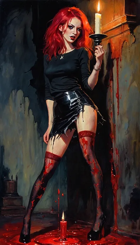 sexy girl, red hair, tight miniskirt, torn stockings, dark room, candles, satanic ritual, satanic star, blood (art inspired by Bill Sienkiewicz). oil painting)
