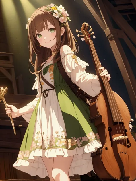 (((masterpiece))) 1 girl, anime girl, woman, green eyes, pale yellow dress, dress with flowers, brown hair, shoulder length hair, bangs, brown shoes, small leather backpack, flute, (on medieval wooden stage, smiling)