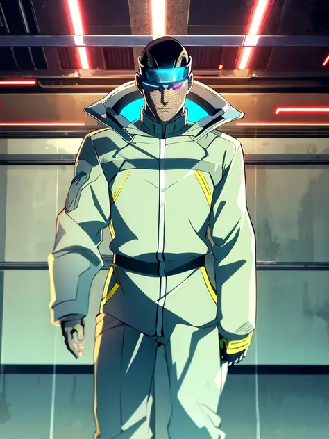 Male, fully cybernetic, full cyborg, military special forces cyborg, wearing tactical coat with popped collar, complete cybernetic body and fully cybernetic head, head covered by full-face visor, fully cybernetic form, robotic body, fully in frame, standin...