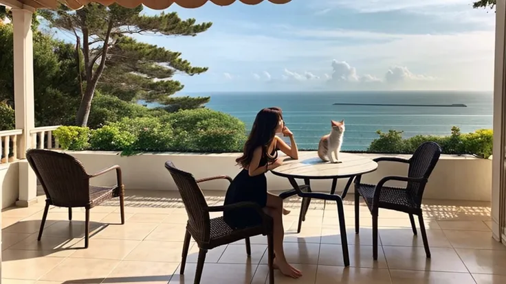 coastal、Woman spending time with cat on terrace、A pleasant breeze blows、chairs and tables、Daytime、House with sea view、Beautiful woman、Hair blowing in the wind、