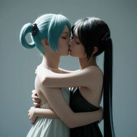 score_9, score_8_up, score_7_up, score_6_up, score_9,score_8_up,score_7_up,Hatsune Miku, hug, kiss,one  head mannequin, dynamic composition, surreal, photorealistic, Dutch angle,