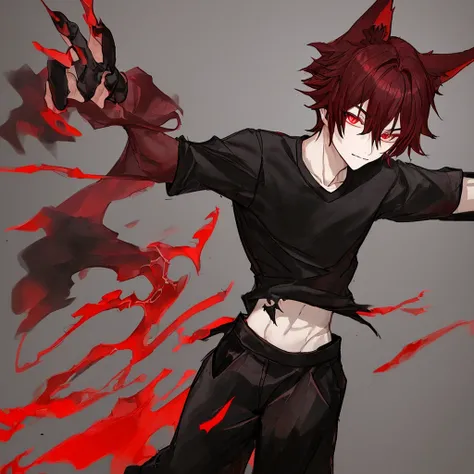 Young man with dark red hair, have wolf ears and claws, wear black loosed shirt and black baggy pants, hes walking around the dark streets of Japan in middle of the night. {Good anatomy, Interesting pose, beautiful colors, good quality, anime style}