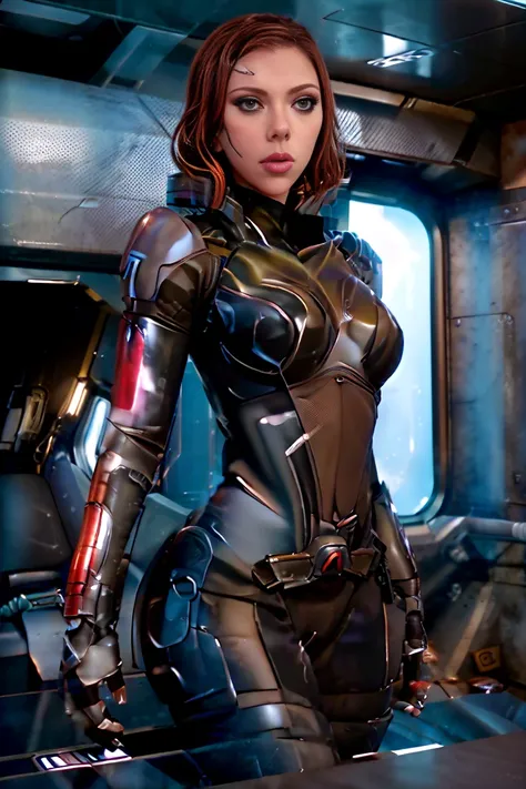 ((best quality)), ((masterpiece)), ((Scarlett Johansson)) (detailed), perfect face, playful 20 year old woman, Sensual pose. Inside a spaceship, wearing highly detailed futuristic skimpy mass effect armor, grandes senos, cintura pequeña, grandes caderas, d...