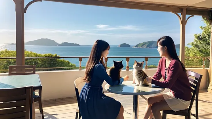 coastal、Woman holding a cat on the terrace、A pleasant breeze blows、chairs and tables、Daytime、House with sea view、Beautiful woman、Hair blowing in the wind、