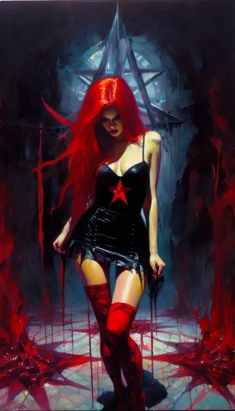 sexy girl, red hair, tight miniskirt, torn stockings, dark room, satanic ritual, satanic star, blood (art inspired by Bill Sienkiewicz). oil painting)
