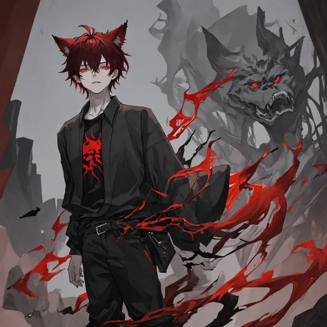 Young man with blanck and dark red hair, have wolf ears and claws, wear black loosed shirt and black baggy pants, hes walking around the dark streets of Japan in middle of the night. {Good anatomy, Interesting pose, beautiful colors, good quality, anime st...