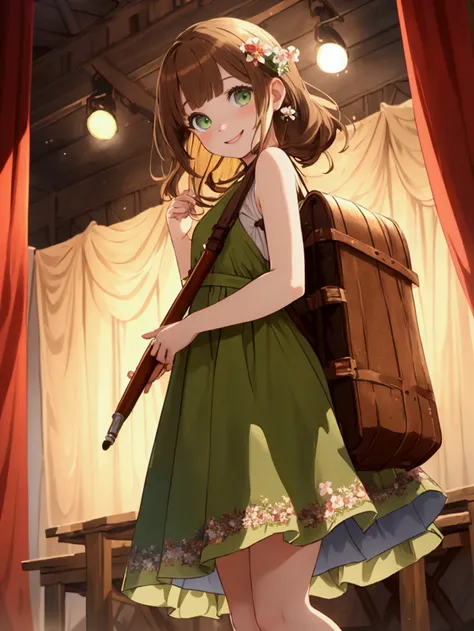 (((masterpiece))) 1 girl, anime girl, woman, green eyes, pale yellow dress, dress with flowers, brown hair, shoulder length hair, bangs, brown shoes, small leather backpack, flute, freckles (on medieval wooden stage, red curtain,  smiling)