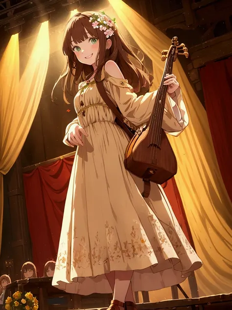 (((masterpiece))) 1 girl, anime girl, woman, green eyes, pale yellow dress, dress with flowers, brown hair, shoulder length hair, bangs, brown shoes, small leather backpack, flute, freckles (on medieval wooden stage, red curtain,  smiling)