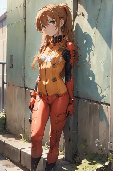 ((masterpiece,best quality, detailed)), against wall, souryuu asuka langley, test plugsuit,front zipper, unzipped:1.5、へそ),full body,