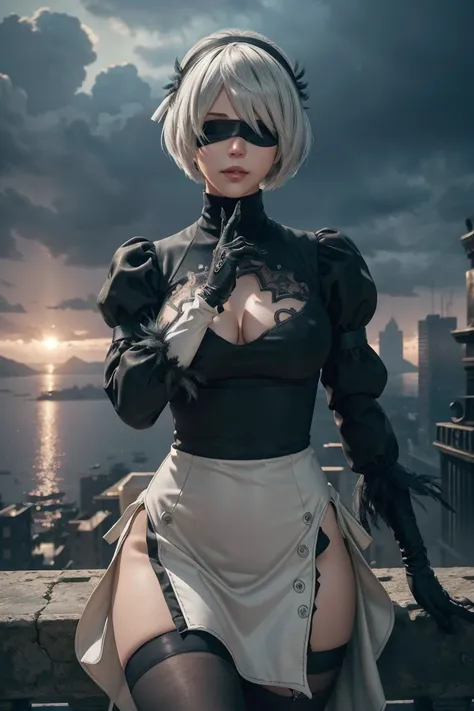 2B Nier Automata,Bobcut, Gray Hair,Long sleeve, Juliet Sleeve, White gloves, turtleneck, bangs, Feather ornament, Feather ornament sleeves, Blindfold, Black Goth Dress,Japanese Ultra HD,super high quality,masterpiece,Digital SLR,Photorealistic,Detailed det...