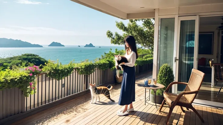 coastal、A woman holding a cat on an open terrace、A pleasant breeze blows、chairs and tables、Daytime、House with sea view、Beautiful woman、Hair blowing in the wind、