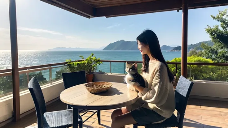 coastal、A woman holding a cat on an open terrace、A pleasant breeze blows、chairs and tables、Daytime、House with sea view、Beautiful woman、Hair blowing in the wind、