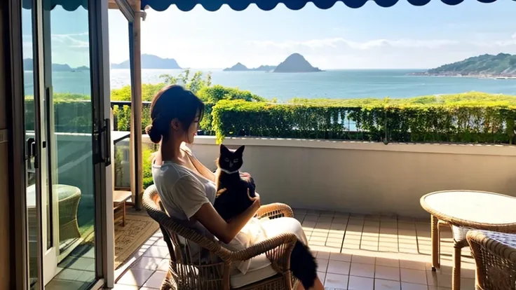 coastal、A woman holding a cat on an open terrace、A pleasant breeze blows、chairs and tables、Daytime、House with sea view、Beautiful woman、Hair blowing in the wind、