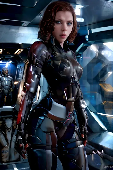 ((best quality)), ((masterpiece)), ((Scarlett Johansson)) (detailed), perfect face, playful 20 year old woman, Sensual pose. Inside a spaceship, wearing highly detailed futuristic skimpy mass effect armor, grandes senos, cintura pequeña, grandes caderas, d...