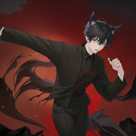 Young boy with black and dark red tips, have wolf ears and claws, wear black loosed shirt and black baggy pants, hes walking around the dark streets of Japan in middle of the night. {Good anatomy, Interesting pose, beautiful colors, good quality, anime sty...