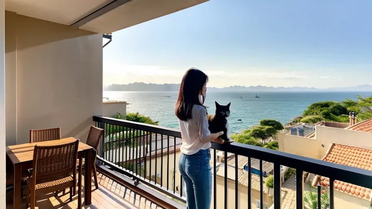 coastal、wooden、Woman holding a cat on an open balcony、A pleasant breeze blows、chairs and tables、Daytime、House with sea view、Beautiful woman、Hair blowing in the wind、