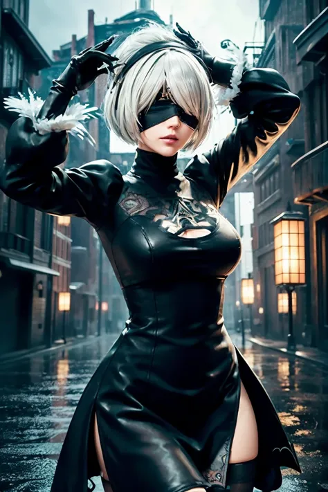 2B Nier Automata,Bobcut, Gray Hair,Long sleeve, Juliet Sleeve, White gloves, turtleneck, bangs, Feather ornament, Feather ornament sleeves, Blindfold, Black Goth Dress,Japanese Ultra HD,super high quality,masterpiece,Digital SLR,Photorealistic,Detailed det...