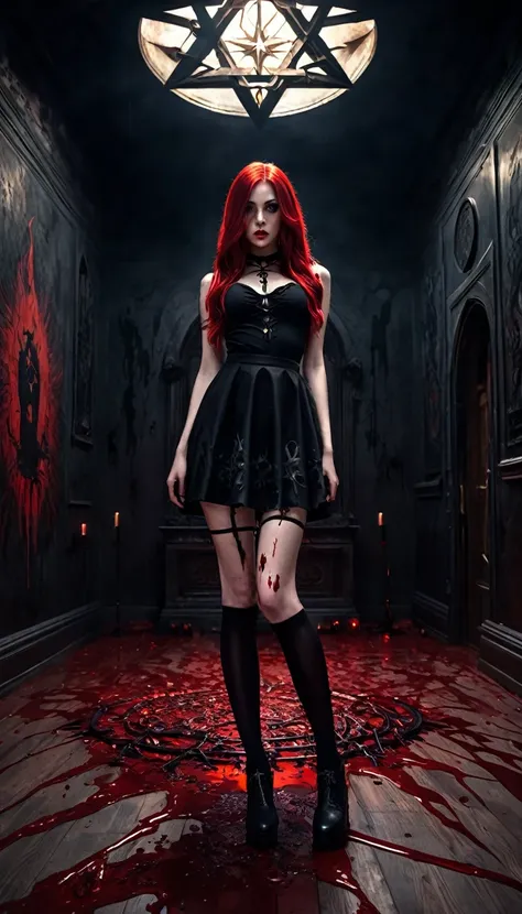 a sexy girl with long red hair, wearing a tight black miniskirt and torn black stockings, standing in a dark satanic ritual room, a satanic star on the floor, blood splattered around, (best quality,4k,8k,highres,masterpiece:1.2),ultra-detailed,(realistic,p...