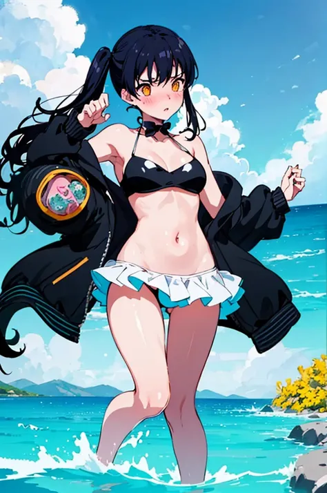 ランダムなSwimwear,,Blushing、Black Hair、ponytail、Pale orange eyes、Head to toe full body、Blushing、Embarrassed look、Composition from the front、A view from slightly below、school swimwear、Acme Face、Random pose、, 、nsfw、Highest quality、1 girl、solo、Ocean、Sandy Beach、S...