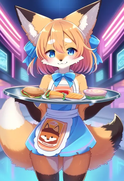 ((Masterpiece)), ((Best Quality)), (Very Detailed), ((Very Detailed)), 4K, (8K), very aesthetic, absurdres highres, 1girl, (anthropomorphic fox, furry, kemono:1.8), Virtual waitress, hologram waitress, cute uniform, blue ribbon, apron, fast food restaurant...