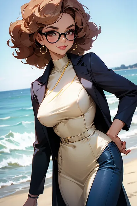 (a mature woman:1.2)| (a girl:1.1), light skin, makeup, modern style, direct look, contoured, beach background, curly hair, glasses, smirk