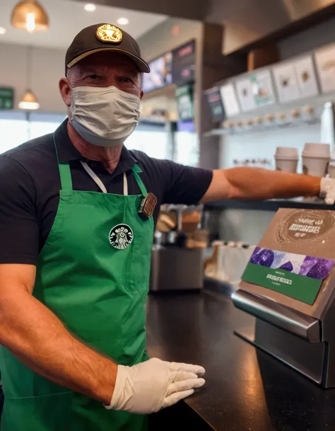 A man wearing a mask and gloves stands at the counter, Starbucks aprons and visors, thanos working at Starbucks, At the counter, thanos as a Starbucks barista, abcdefghijklmnopqrstuvwxyz, Tend to artstation, Starbucks, Masterpiece work, Professional work, ...