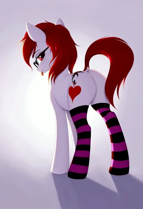 radiant lighting, vibrant colors, whimsical atmosphere, 8K, high resolution, highly detailed, masterpiece, (((my little pony))), four stockings, (red hair, white body, red eyes) cute face, tongue out, striped stockings, standing on four hooves, cool glasse...