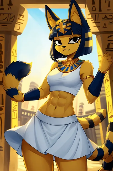 ((best quality)), ((masterpiece)), (detailed), a digital artwork of ankha with abs wearing a crop top of her white sleeveless dr...