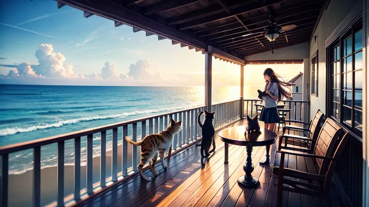 coastal、wooden、Woman holding a cat on an open balcony、A pleasant breeze blows、chairs and tables、Daytime、House with sea view、Beautiful woman、Hair blowing in the wind、