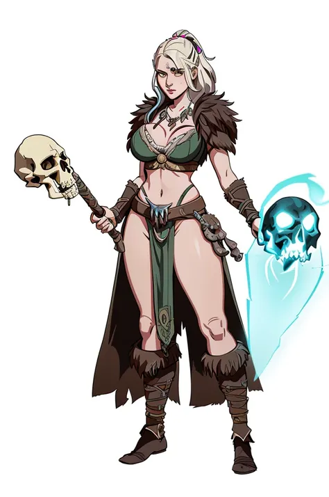 1个Giant Breast Girl、solo，full body lesbian，the witcher，Spell casting action，standing on your feet，Glowing magic ball，Skulls float，simple backgound，Magical fantasy design，character concept design，Beautiful face and eyes