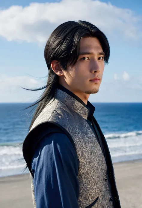 a young man with long black hair and a vest on standing in front of the ocean with a blue sky, (1girl:0.955), (bangs:0.575), (black eyes:0.572), (black hair:0.709), (blue sky:0.985), (closed mouth:0.536), (cloud:0.927), (day:0.980), (horizon:0.816), (japan...