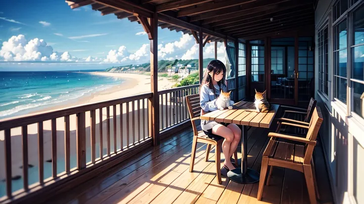 coastal、wooden、Woman holding a cat on an open balcony、A pleasant breeze blows、chairs and tables、Daytime、House with sea view、Beautiful woman、Hair blowing in the wind、