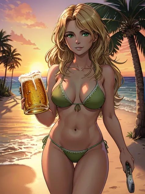 (best quality:1.3), (4K quality),masterpiece, best quality, high res, detailed, (Detailed face:1.2), (Detailed eyes:1.2), gorgeous bombshell of a 36-years-old woman, tan olive skin, long blonde hair, green eyes, approximately 52" tall, medium sized breasts...