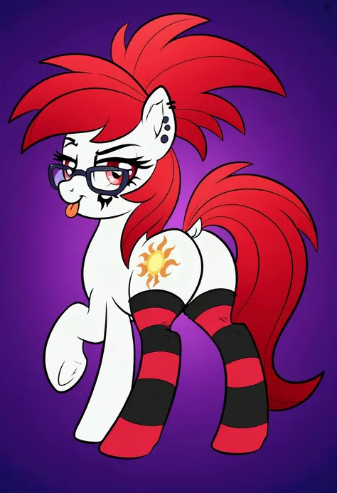 radiant lighting, vibrant colors, whimsical atmosphere, 8K, high resolution, highly detailed, masterpiece, (((my little pony))), four stockings, (red hair, white body, red eyes) cute face, tongue out, striped stockings, standing on four hooves, cool glasse...