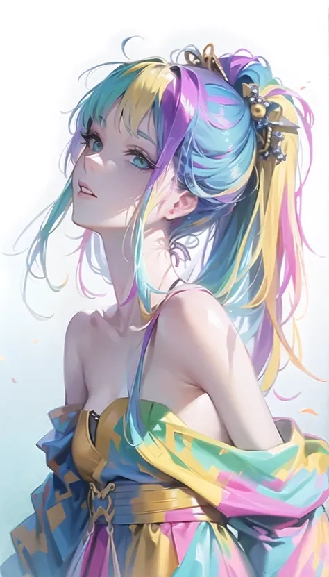 anime girl with colorful hair and colorful dress, rossdraws pastel vivid, rossdraws cartoon vibrant, anime style 4k, beautiful a...