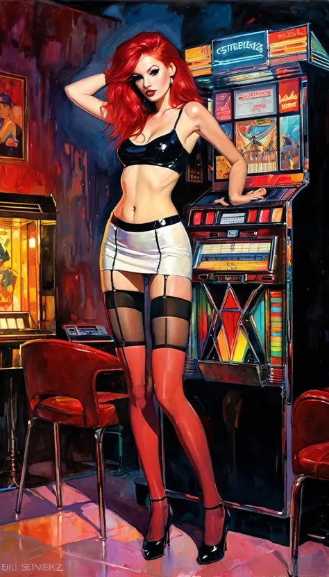 sexy girl, red hair, tight miniskirt, stockings, dark room, jukebox, sexy, erotic, (art inspired by Bill Sienkiewicz). oil painting)
