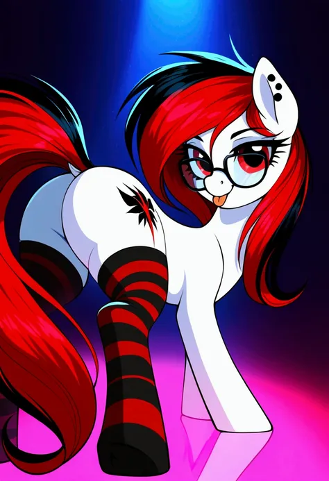 radiant lighting, vibrant colors, whimsical atmosphere, 8K, high resolution, highly detailed, masterpiece, (((my little pony))), four stockings, (red hair, white body, red eyes) cute face, tongue out, striped stockings, standing on four hooves, cool glasse...