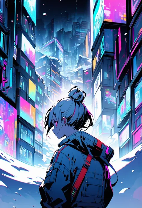 its cyberpunk world in the near future and Cyber ​​world.
the places like Kowloon Walled City.
a giri looking up it.
Im looking the girl back view.
Its snowing.
overall add shading.

hair style is short.
it color is dark white.
more colorful.
　
