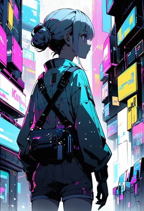 its cyberpunk world in the near future and Cyber ​​world.
the places like Kowloon Walled City.
a giri looking up it.
Im looking the girl back view.
Its snowing.
overall add shading.

hair style is short.
it color is dark white.
more colorful.
　
