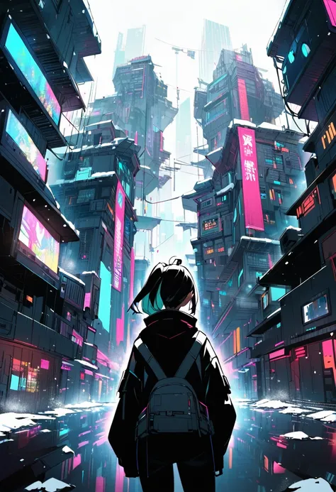 its cyberpunk world in the near future and Cyber ​​world.
the places like Kowloon Walled City.
a giri looking up it.
Im looking the girl back view.
Its snowing.
overall add shading.

hair style is short.
it color is dark white.
more colorful.
　
