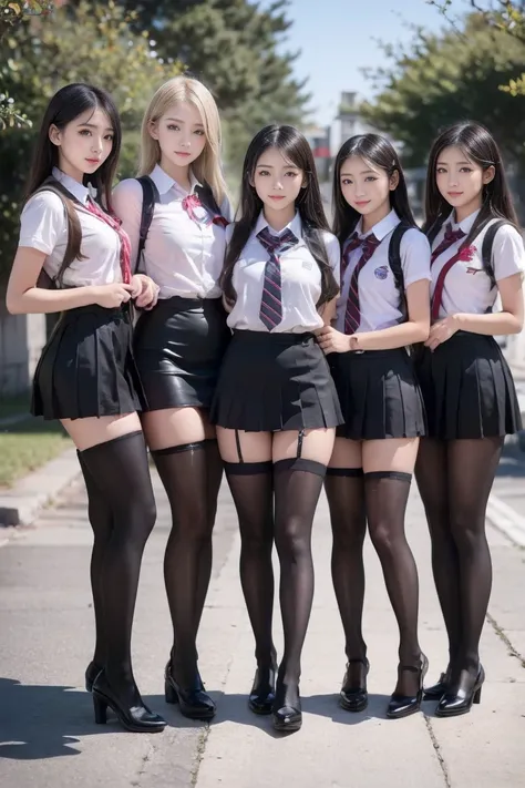 ((((There are four people:1.8))))、((4 sisters))、gal、(neon street)、(((Four tall high school girls with model-like figures:1.8)))、(Standing facing this), Full body photo shoot、(((Group photo of gals on school trip:1.7)))、(wide thighs, Very Long Legs), high h...