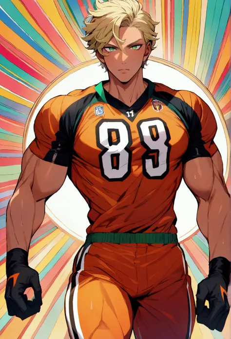 Young, muscular, tanned man, green eyes, short wavy blond hair dressed in football uniform.